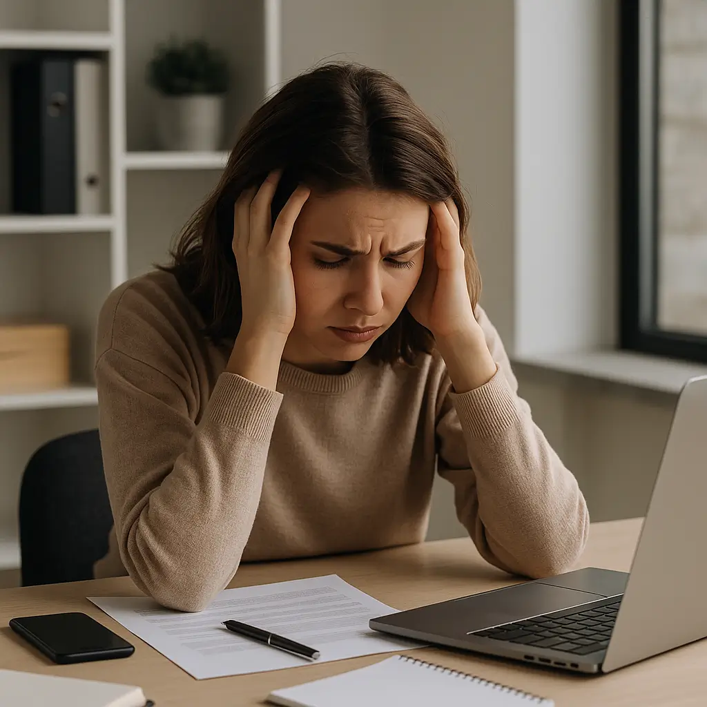 Overwhelmed person at a desk with their head in their hands.